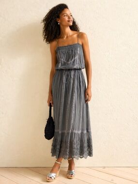 For Love and Liberty Gray Lace-Trim Maxi Dress with Spaghetti Straps